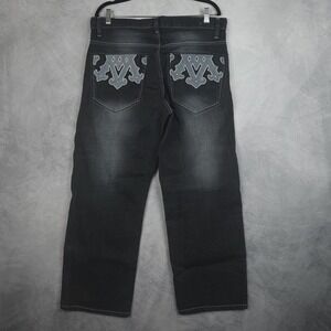 Avirex Jeans Mens 34x30 Black Straight Leg Relaxed Fit Denim Embroidered Pockets
